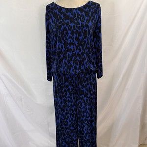 Chicos Travelers Jumpsuit 3 (XL 14 16) Black Blue Animal Printed Stretch Knit